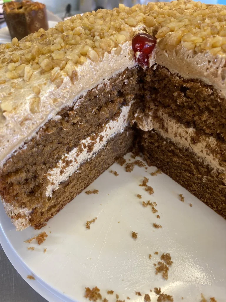 A sliced Butterscotch cake in Choraidh Croft Tearoom